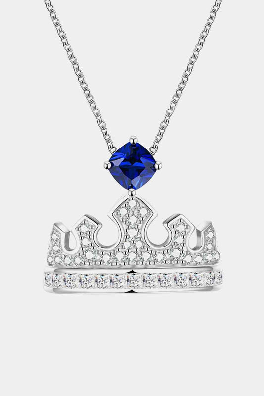 Lab-Grown Sapphire Crown-Shape Zircon Pendant 925 Sterling Silver Necklace - Royal Blue