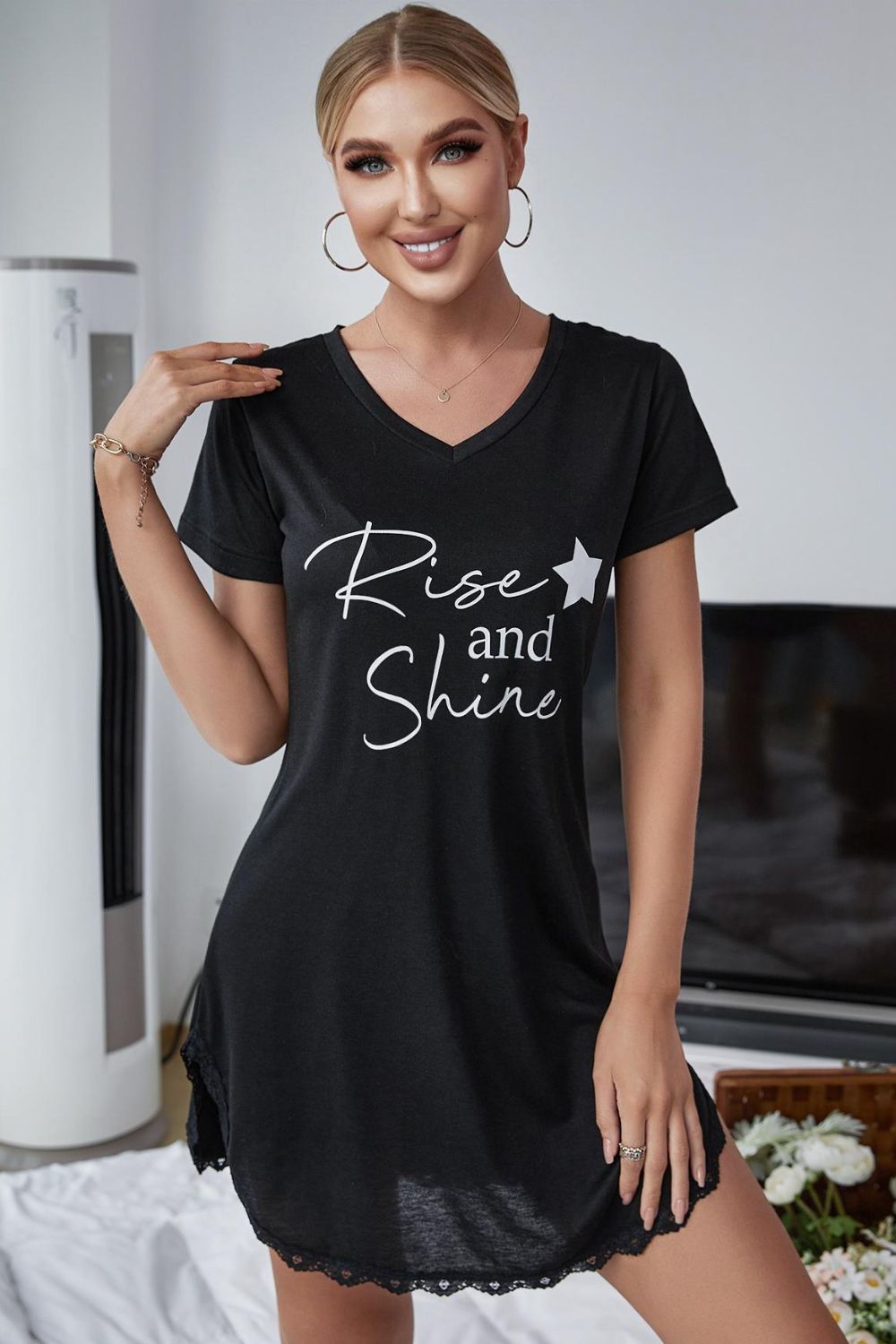 "RISE AND SHINE" GRAPHIC LACE-TRIMMED V-NECK T-SHIRT DRESS - MULTIPLE COLORS - (S-XL)