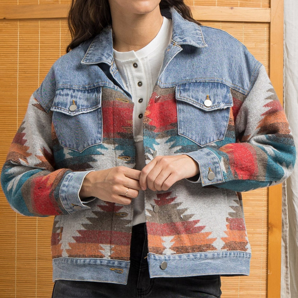 Printed Washed Button-Down Denim Shacket With Pockets - Multiple Shades - (S-XL)