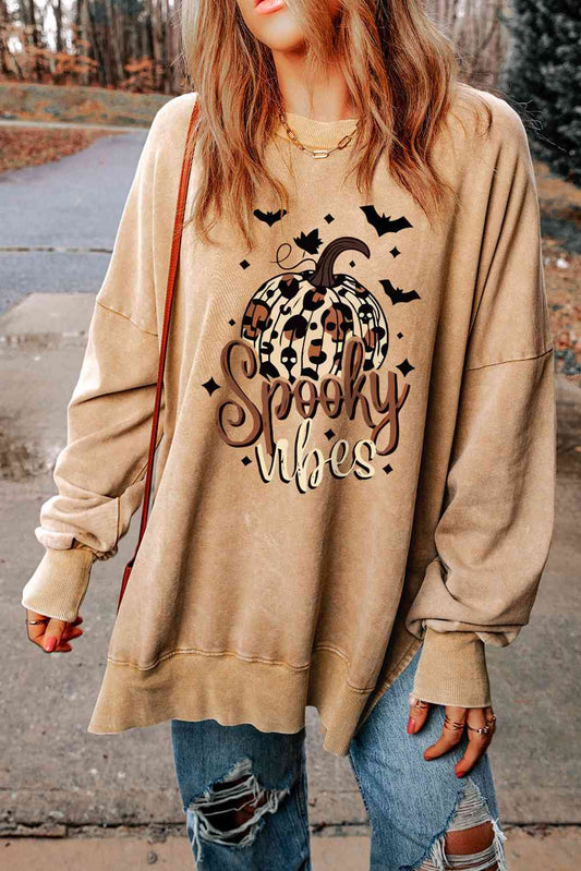 "Spooky Vibes" Pumpkin Graphic Slit-Dropped-Shoulder Sweatshirt - Khaki - (S-2XL)