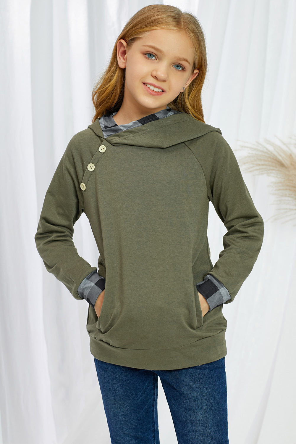 SOLID/PLAID CONTRAST DECORATIVE-BUTTON HOODIE WITH POCKETS - MULTIPLE COLORS - (4Y-13Y)