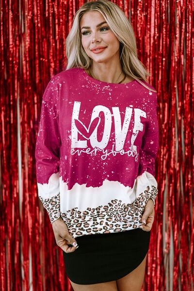 "Love Everybody" Leopard Round-Neck Opaque Sweatshirt - Cerise - (S-2XL)