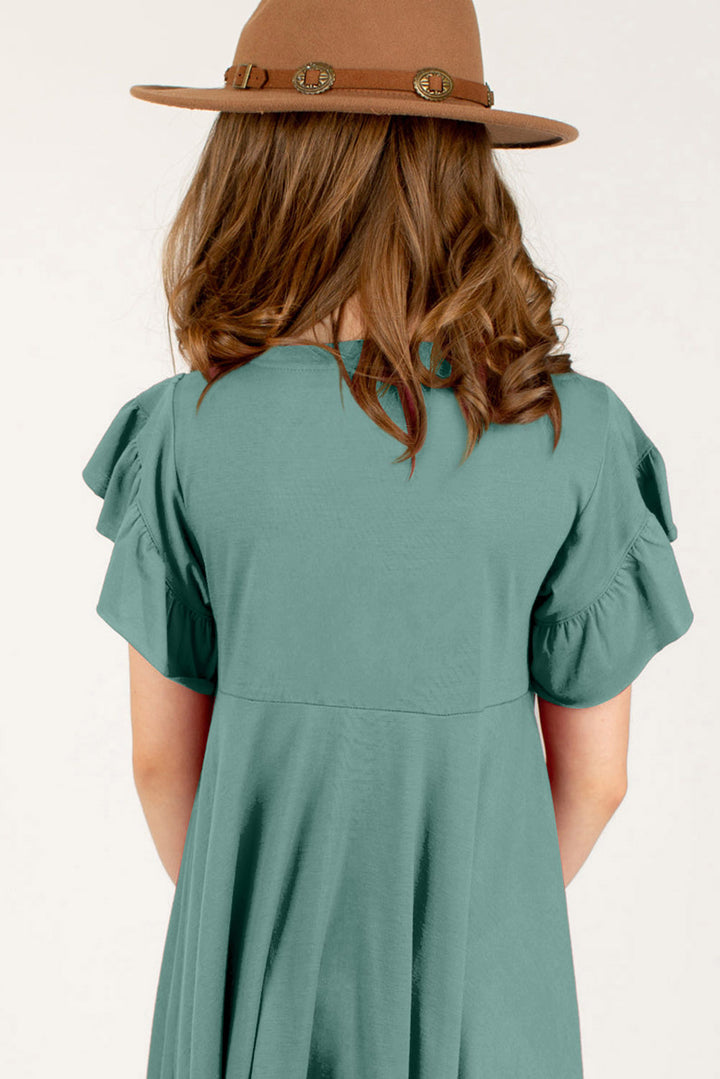 Stylish Round-Neck Short Petal-Sleeve Solid Midi Dress - Multiple Colors - (5T-12)