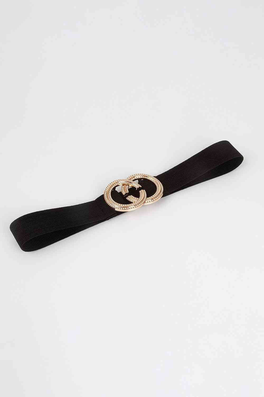 Double-Hoop Gold-Buckle Elastic Belt - Black