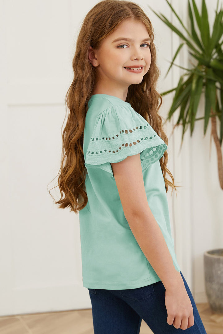 Eyelet Flutter Short Sleeve Round-Neck Solid T-Shirt - Multiple Colors - (4T-12)