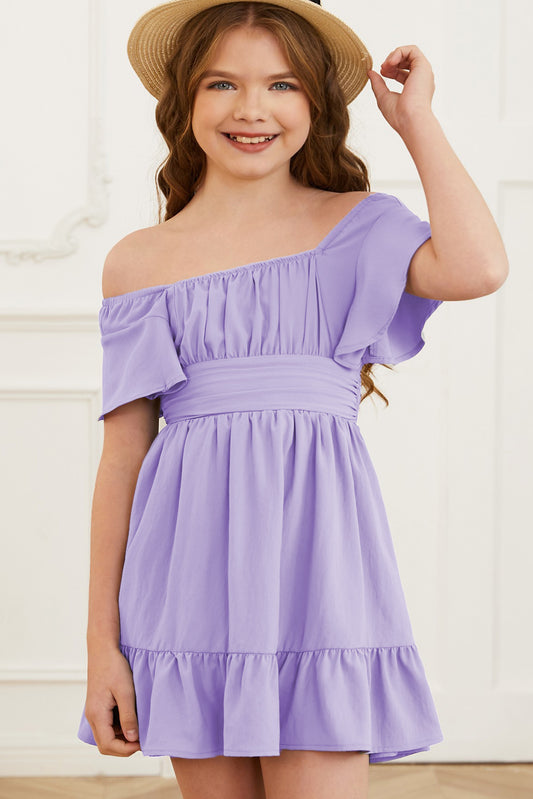 Cute Ruffled-Hem Tie-Back Short-Flutter-Sleeve Midi Dress - Lavender - (S-2XL)