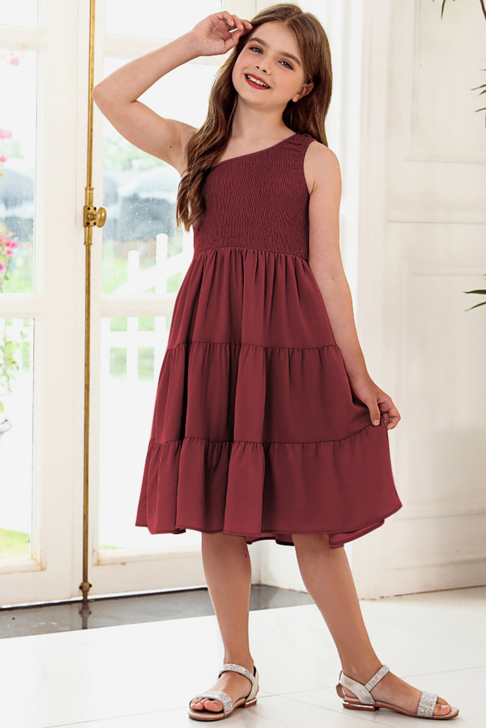 One-Shoulder Sleeveless Tiered Smocked Solid Midi Dress - Multiple Colors - (4T-12)
