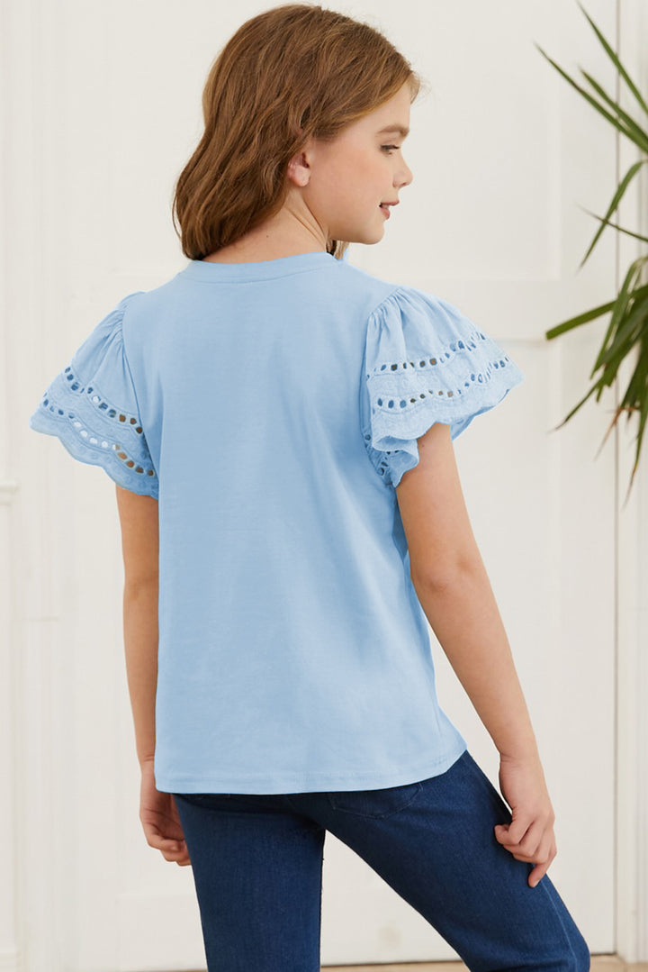 Eyelet Flutter Short Sleeve Round-Neck Solid T-Shirt - Multiple Colors - (4T-12)