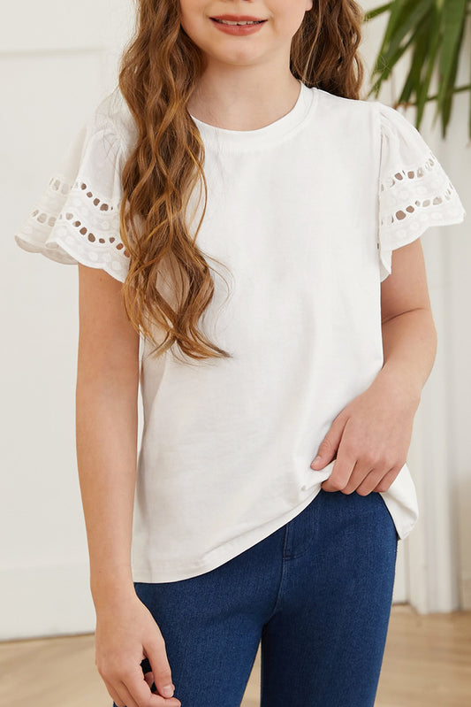 Eyelet Flutter Short Sleeve Round-Neck Solid T-Shirt - Multiple Colors - (4T-12)