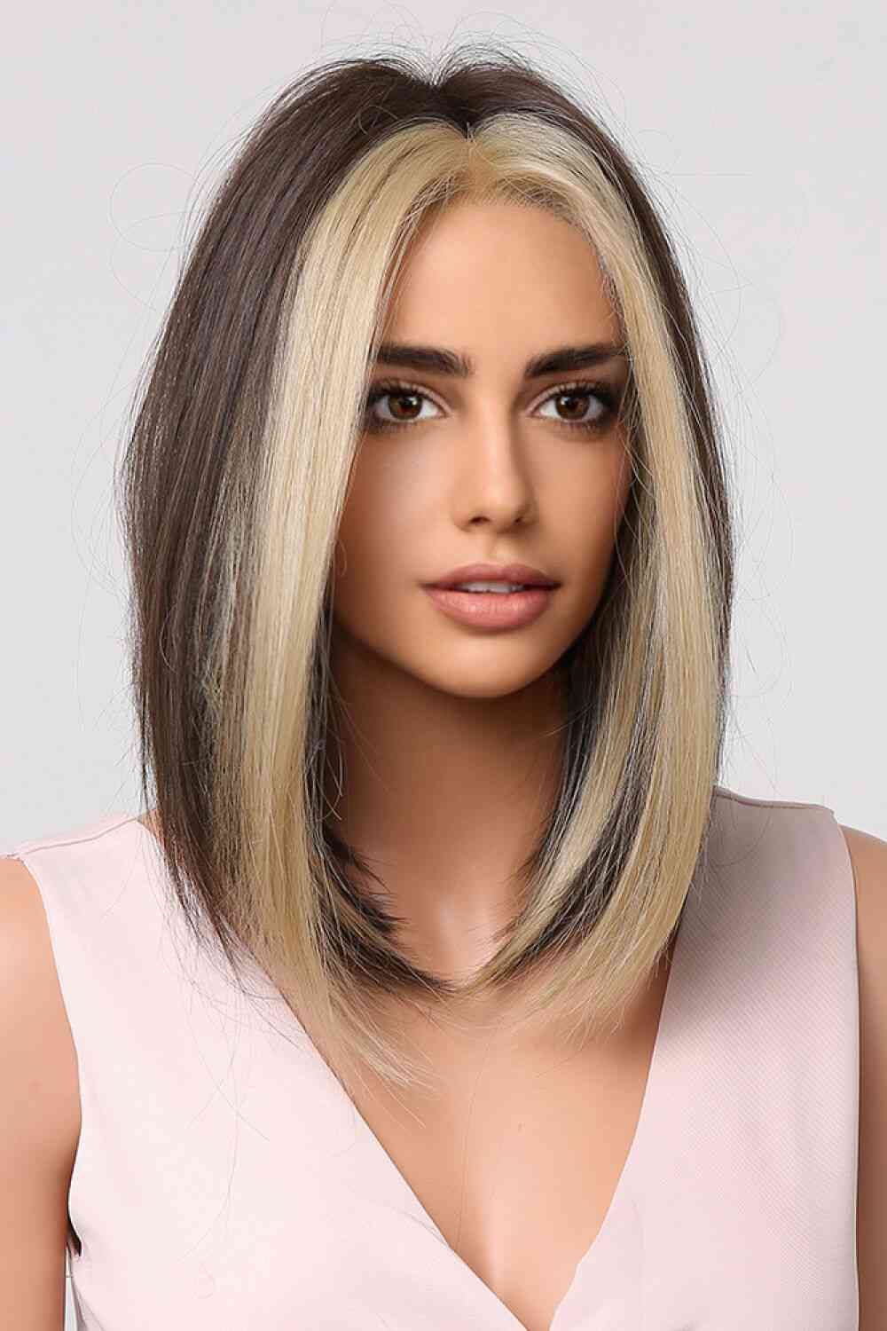 FULL-MACHINE SYNTHETIC STRAIGHT MID-LENGTH WIG - BROWN/BLONDE MONEY PIECE