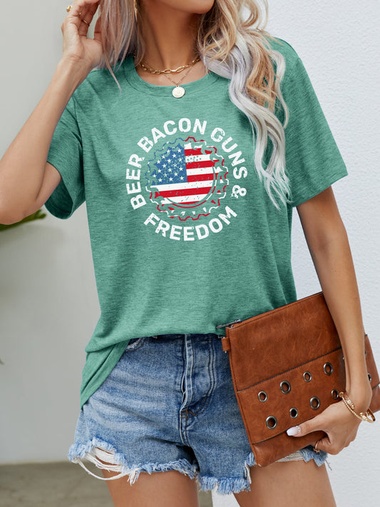 "Beer Bacon Guns & Freedom" US Flag Graphic Round-Neck Short Sleeve Tee - Multiple Colors - (S-XL)