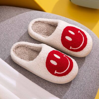 Smiley Face Soft Cozy Plush Slippers - White/Red - (S-XL)