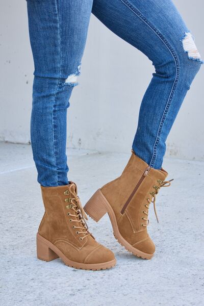 Lace-Up Zipper-Detail Block-Heel Boots - Tan - (5.5-10)