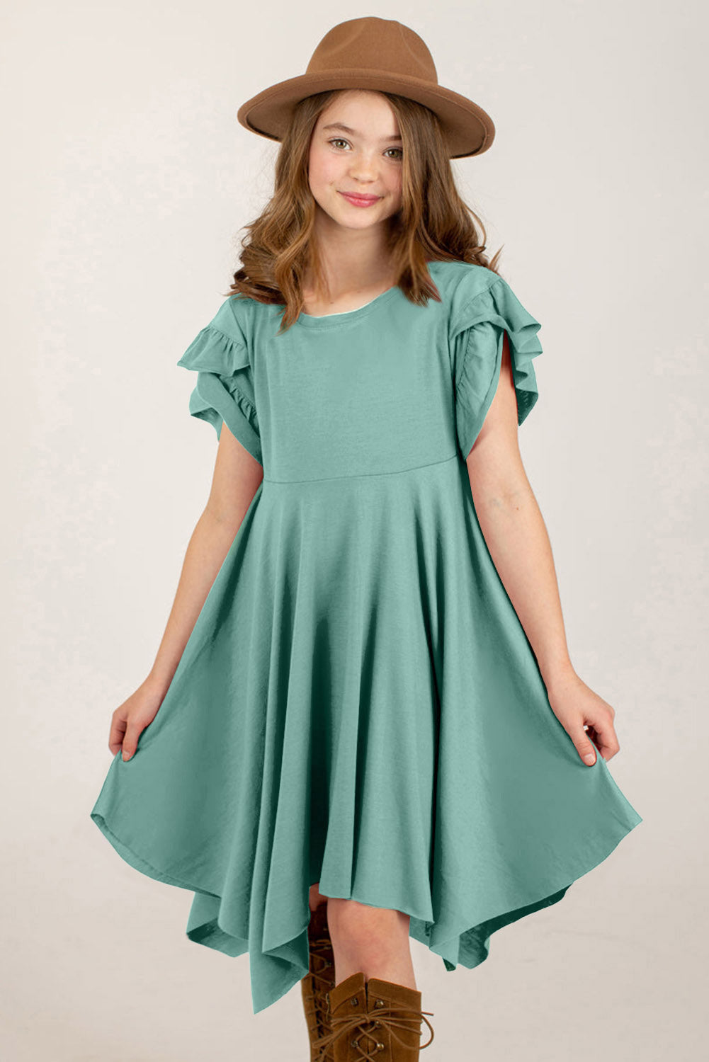 Stylish Round-Neck Short Petal-Sleeve Solid Midi Dress - Multiple Colors - (5T-12)