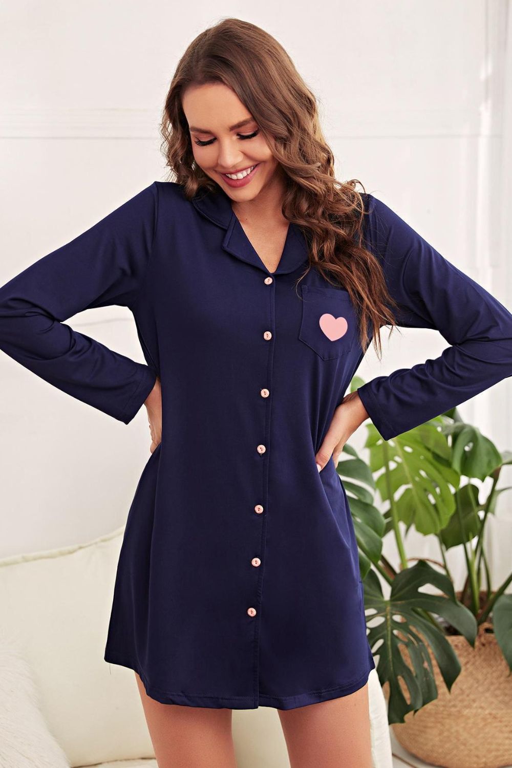 HEART GRAPHIC LAPEL-COLLAR LONG SLEEVE NIGHTSHIRT DRESS WITH POCKETS - NAVY - (S-XL)