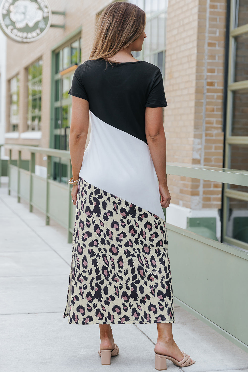 CHIC LEOPARD/COLOR-BLOCK V-NECK SHORT SLEEVED SLIT MAXI DRESS - (S-XL)