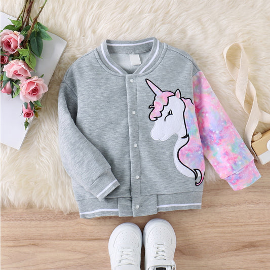 CUTE SOLID TIE-DYE CONTRAST UNICORN GRAPHIC LONG SLEEVE SNAP JACKET - HEATHER GRAY - (4T-7)