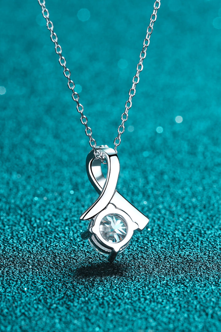 1 Carat Moissanite &amp; Zircon 4-Prong Ribbon-Swirl Pendant Necklace - Silver