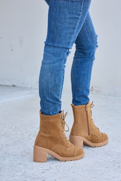 Lace-Up Zipper-Detail Block-Heel Boots - Tan - (5.5-10)