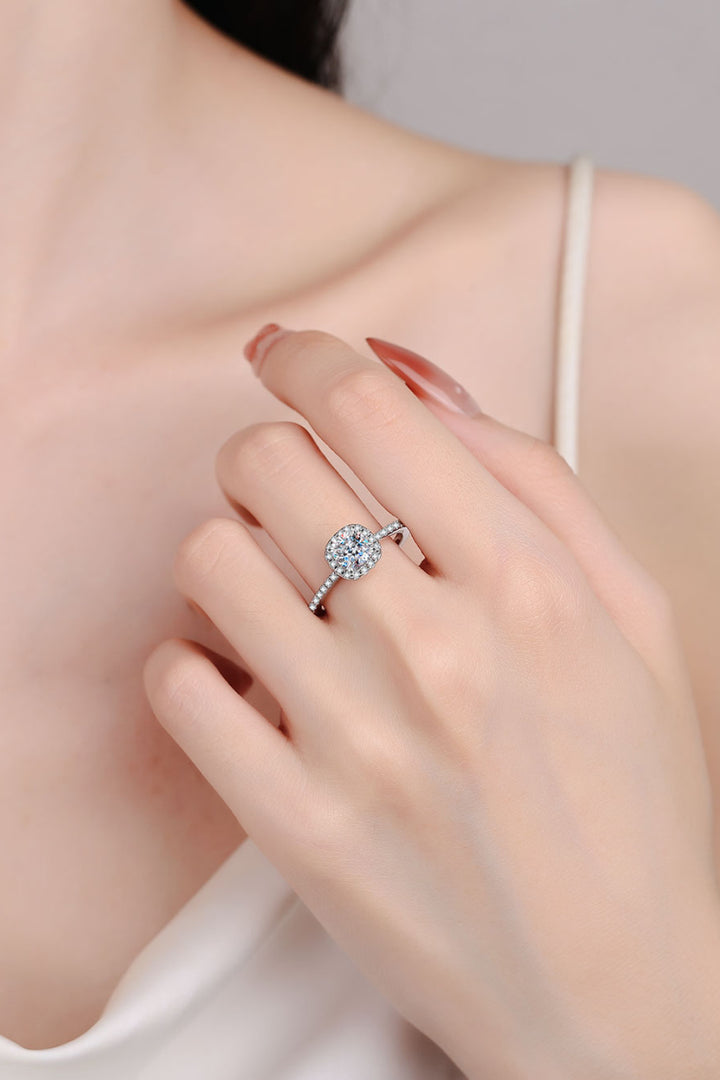 1 Carat Moissanite 925 Sterling Silver Square Halo Side-Stones Ring