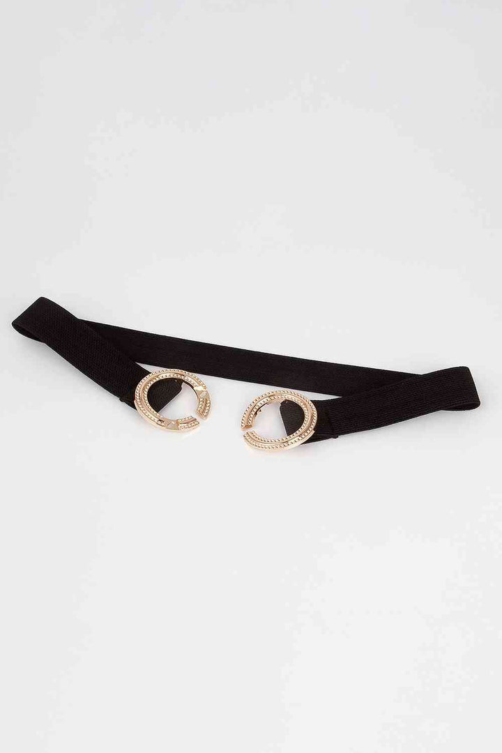 Double-Hoop Gold-Buckle Elastic Belt - Black