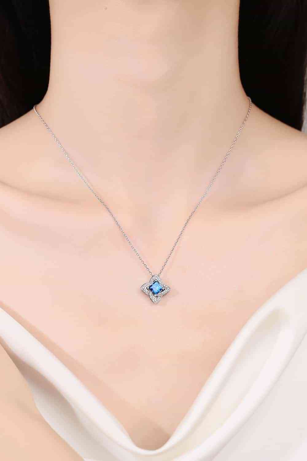 1-Carat Moissanite 925 Sterling Silver Floral Pendant Necklace - Sky Blue