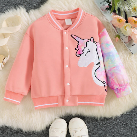 CUTE SOLID TIE-DYE CONTRAST UNICORN GRAPHIC LONG SLEEVE SNAP JACKET - PEACH - (4T-7)