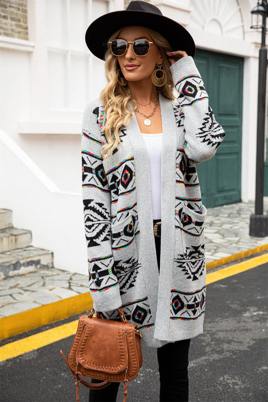 Casual Printed Long Sleeve Open-Front Cardigan With Pockets - Multiple Colors - (S-XL)