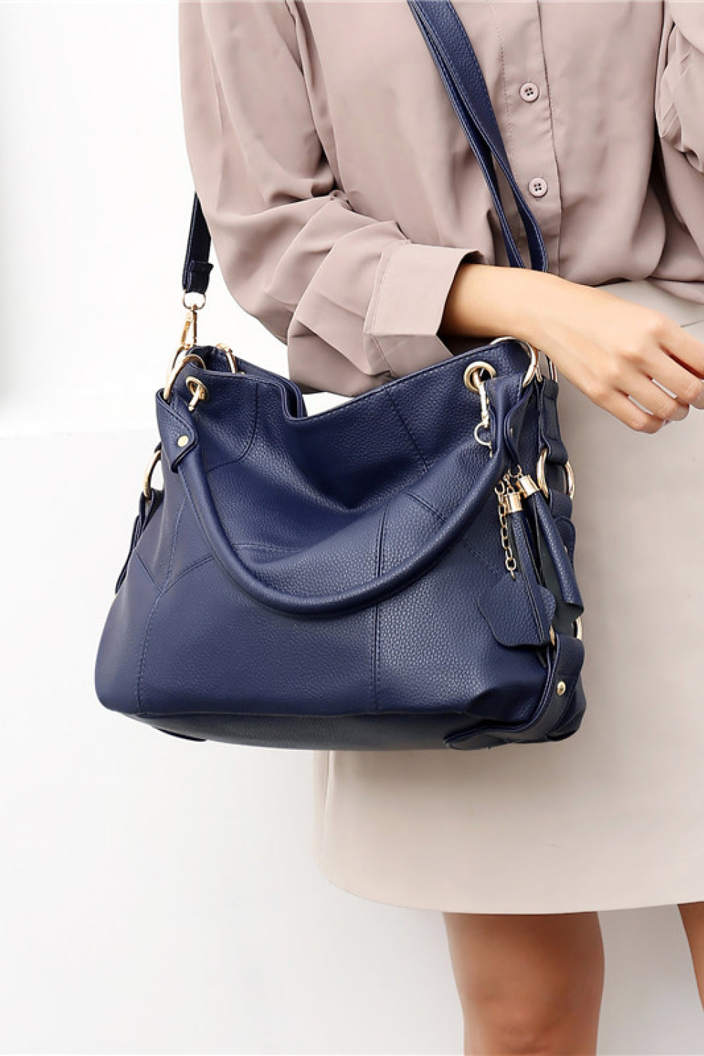 Large PU Leather Shoulder Bag - Navy