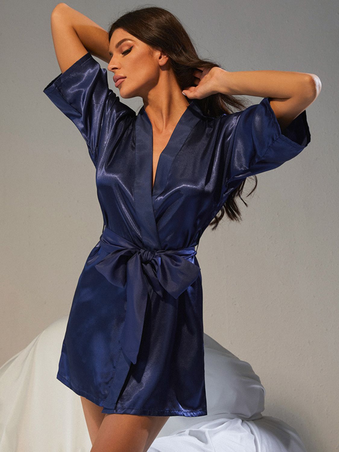 BELTED HALF-SLEEVE MID-LENGTH ROBE WITH TIE - MULTIPLE COLORS - (S-XL)