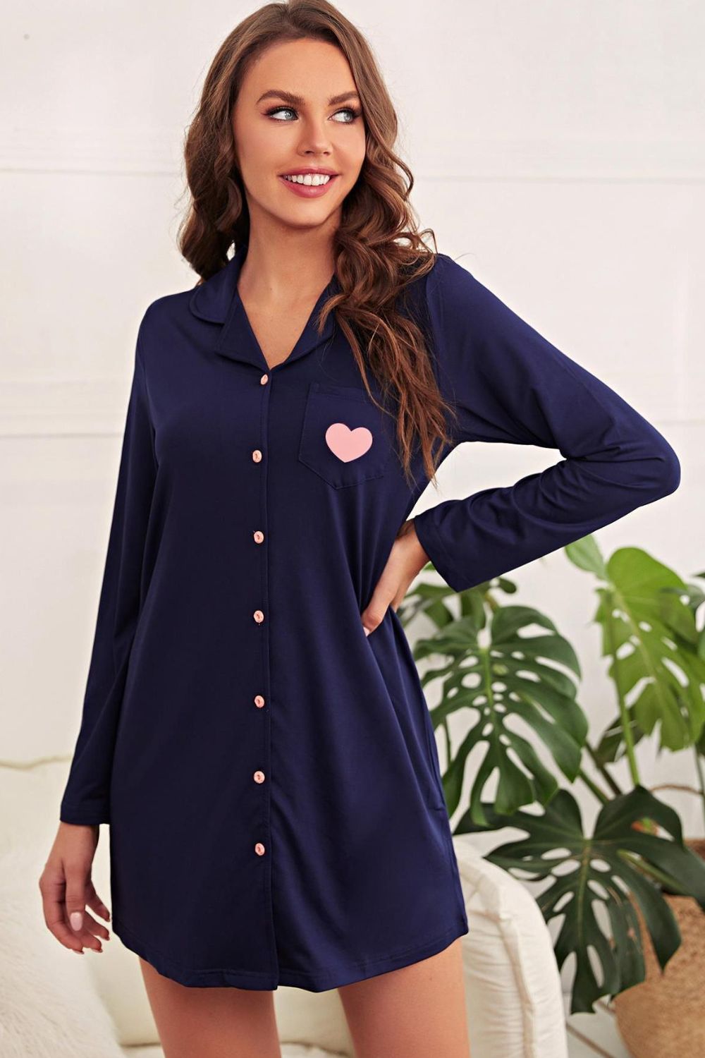 HEART GRAPHIC LAPEL-COLLAR LONG SLEEVE NIGHTSHIRT DRESS WITH POCKETS - NAVY - (S-XL)