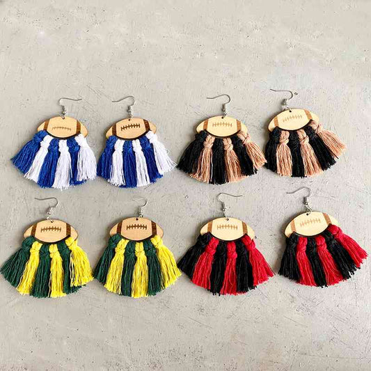 Wooden Football Fringe-Detail Dangle Earrings - Multiple Colors