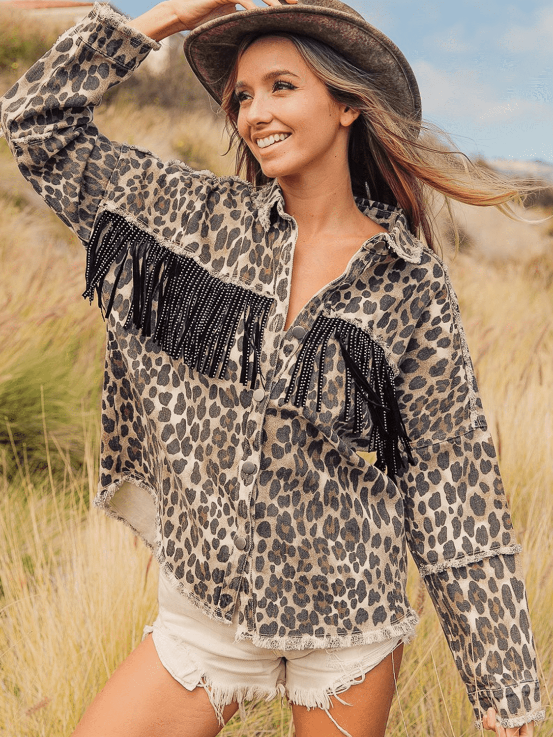 Chic Leopard-Print Collared-Neck Fringe-Detail Raw-Hem Denim Jacket - (S-XL)