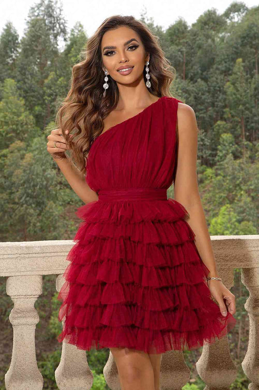 ONE-SHOULDER SLEEVELESS TIERED FORMAL MINI DRESS - MULTIPLE COLORS - (XS-L)
