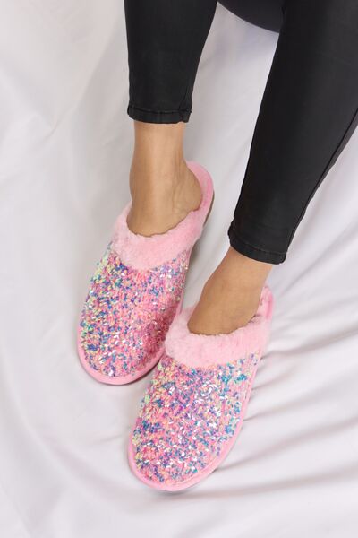 Sequined-Plush Round-Toe Slippers - Pink - (5-10)