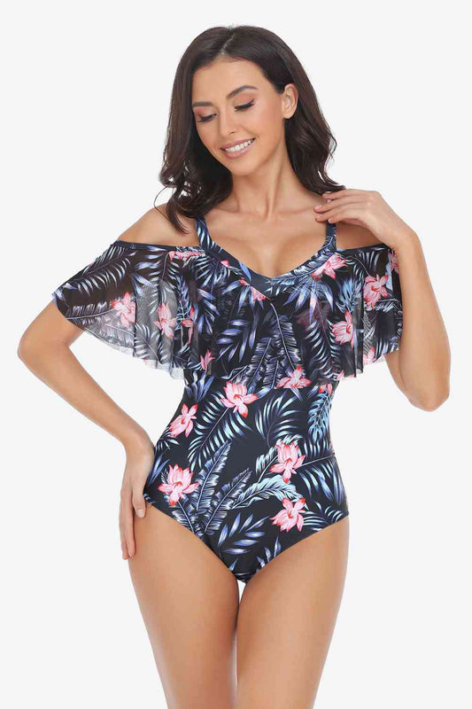 Botanical-Print Cold-Shoulder Layered One-Piece Swimsuit - Multiple Prints - (S-XL)