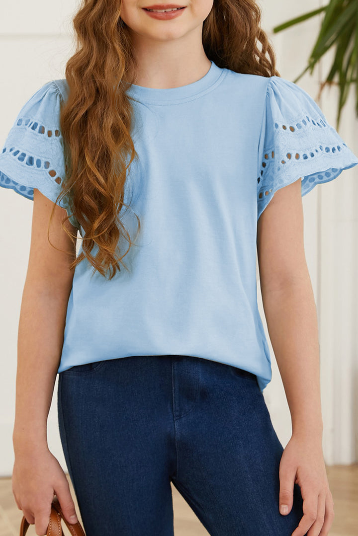 Eyelet Flutter Short Sleeve Round-Neck Solid T-Shirt - Multiple Colors - (4T-12)