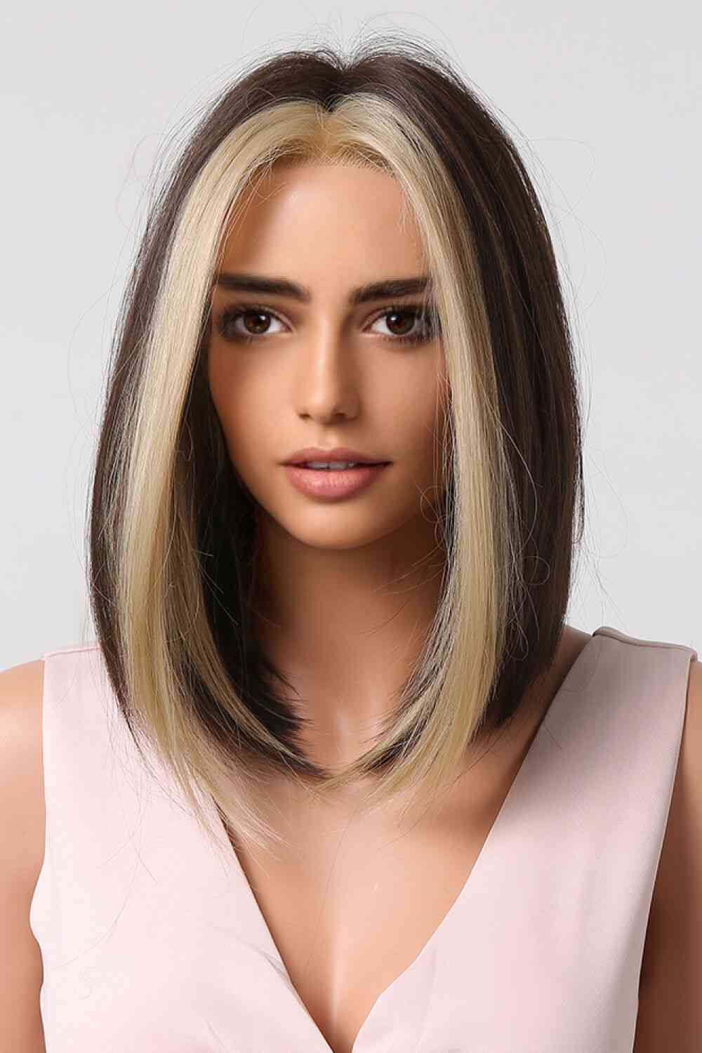 FULL-MACHINE SYNTHETIC STRAIGHT MID-LENGTH WIG - BROWN/BLONDE MONEY PIECE