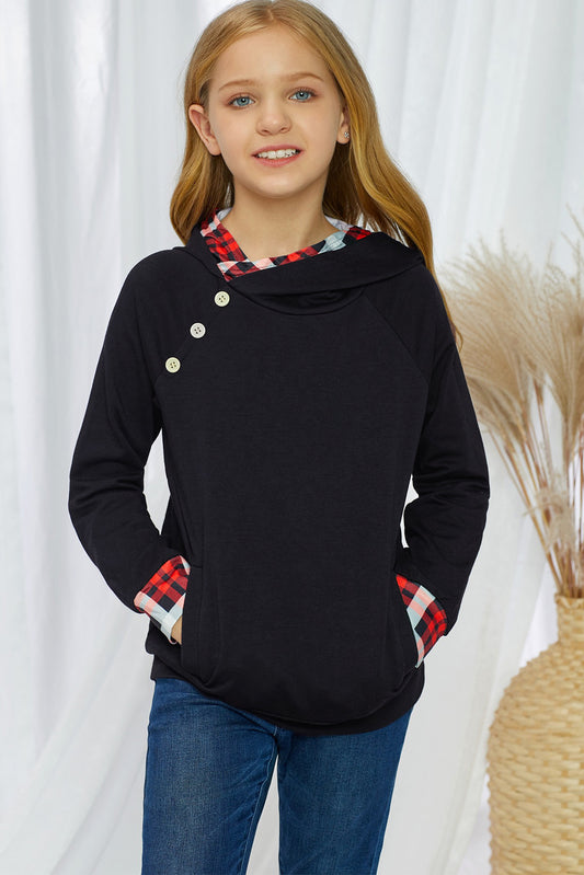 SOLID/PLAID CONTRAST DECORATIVE-BUTTON HOODIE WITH POCKETS - MULTIPLE COLORS - (4Y-13Y)