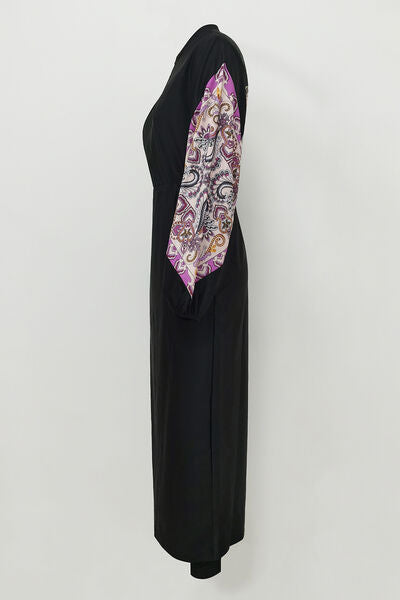 Printed Long Sleeve Drawstring Dress &amp; Pants Swim Set With Cap - Black - (S-XL)