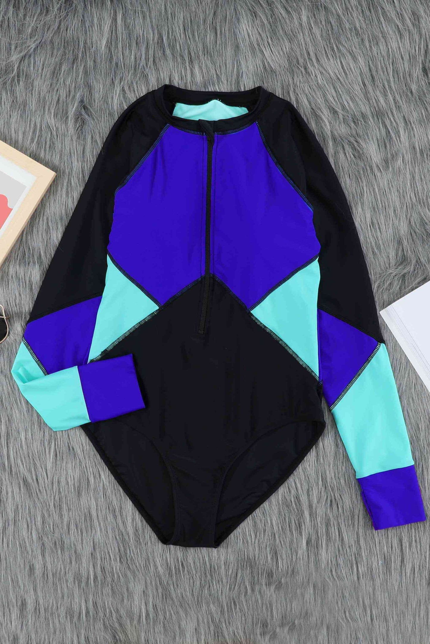 Color-Block Half-Zip Long Sleeve One-Piece Swimsuit - Multiple Colors - (S-2XL)